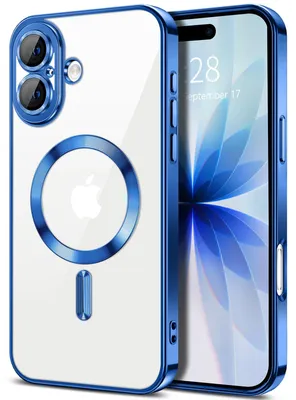 Image de Coque souple transparente pour iPhone 17, protection de l'appareil photo, compatible avec MagSafe, coque de téléphone en TPU électroplaqué, bleu