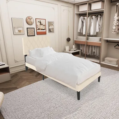 Obrázek produktu pro TRMLBE Postelový rám 90x200 cm Postel pro hosty Kovová postel s koženým čelem a 12 lamelovým rámem a houbovými okraji Moderní rám postele Maximální nosnost 300 KG, do ložnice Pokoj pro hosty (béžová)