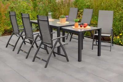 Obrázek produktu pro Zahradní nábytek Merxx "Vicenza" 7ks s rozkládacím stolem Flex 160/320 x 90 cm - hliníkový rám grafitový s textilním potahem diamantově hnědý