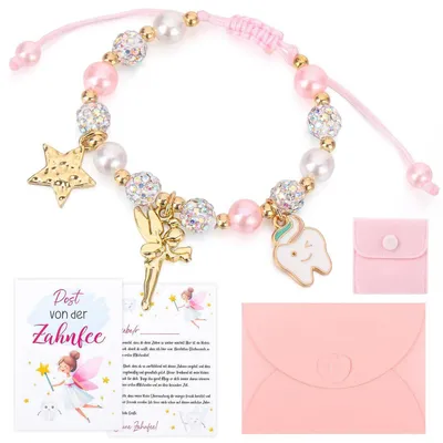 Produktbild von Zahnfee Geschenkset Mädchen: Perlenarmband & Postkarte, Stoffbeutel, Rosa
