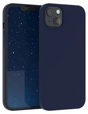 A dark blue silicone phone case is shown next to an iPhone 14 Plus with a starry background.