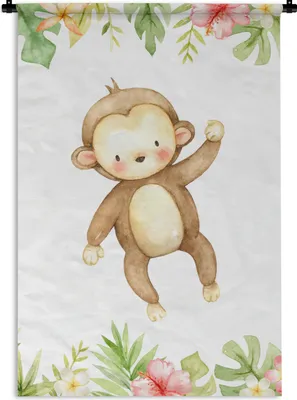Produktbild von MuchoWow® Wandteppich Wandbehang Affe - Blumen - Dschungel 90x135 cm Tapisserie Dekoration Wandtuch - Baumwolle - Wandskulptur