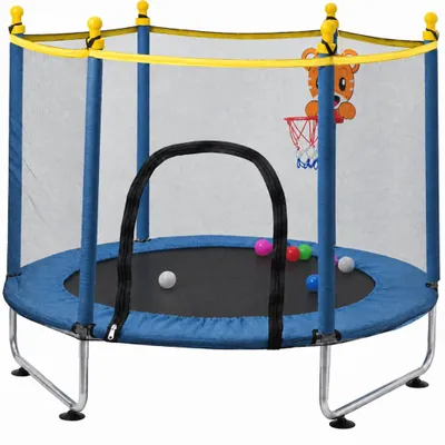 Produktbild von Kindertrampolin 140 cm mit Sicherheitsnetz und Basketballkorb, blau – Trampolin – Indoor-Outdoor-Spielgerät