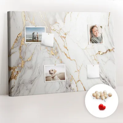 Imagen del producto de Tablero de corcho con chinchetas - Panel con chinchetas para fotografías y notas - 100x70 cm - 100 chinchetas de madera - Diseño decorativo de mármol