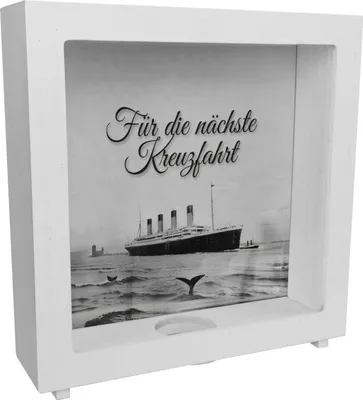 Produktbild von Für die nächste Kreuzfahrt Rahmen Spardose aus Holz mit Titanic-Motiv