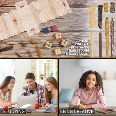 Produktbild von Harry Potter Zauberstab Kinder Stifte Set, Hogwarts Haus Stempel Kinder Set und Karte des Rumtreibers