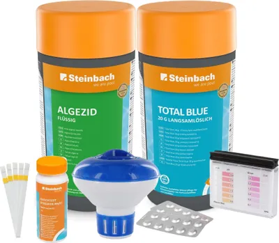 Produktbild von Steinbach | Poolpflege Starter Set | inkl. Algezid, Total Blue 20g, 50er Teststreifen Kit, Dosierschwimmer & Testkit für pH-Wert/Chlor | ideal zur Wasserkontrolle | Poolwasser sauber & kristallklar