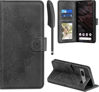Produktbild von Google Pixel 7A Lederhülle Wallet Case Schwarz Magnet Standfunktion