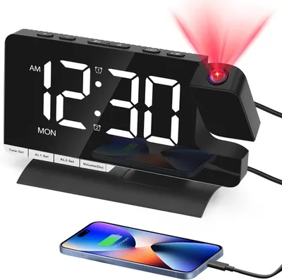 Zdjęcie produktu dla Budzik nocny z projektorem 180° - podwójny alarm - funkcja drzemki - lustro LED z 6 ustawieniami jasności - 2 porty USB do ładowania