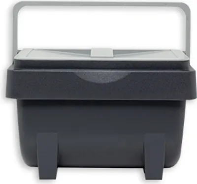 A front view of a gray and dark gray storage bin with a handle.