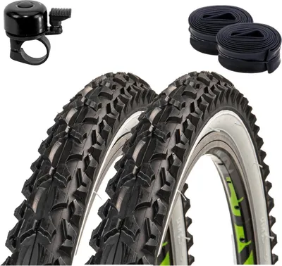 Image de 2 pneus Roverstone 26" pour vélo, noir/blanc 57-559 (26x2,125) + 2 chambres à air DV, cloche de vélo incluse