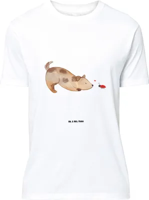 Produktbild von Mr. & Mrs. Panda Größe M T-Shirt Hund Marienkäfer - Weiß - Geschenk, Mischlinghund, Mischlingshund, Herren, Sprüche, Shirt, Neugierig, Tshirt, mit Spruch, Achtsam