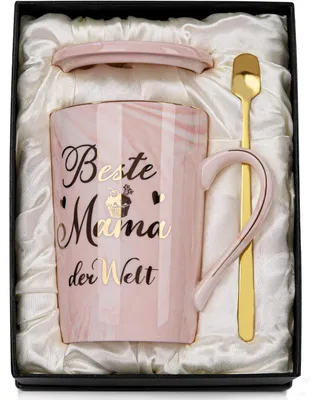 Image de Tasse à café avec couvercle et cuillère, aspect marbre rose, 400 ml, cadeau pour maman