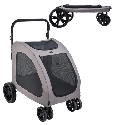 Immagine prodotto di SucceBuy, passeggino per cani, dimensioni 79x91x113 cm, carrozzina per animali domestici con 4 ruote e freni, ideale per cani fino a 73 kg, finestre in rete traspirante, altezza regolabile, realizzata in resistente tessuto Oxford 600D, adatta per animali domestici