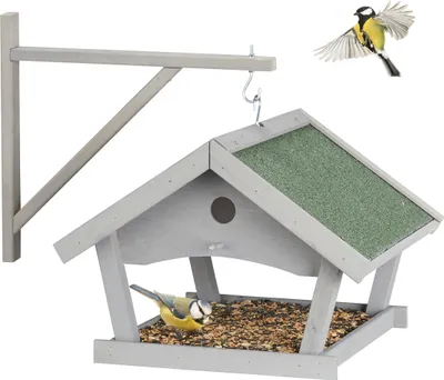 Produktbild von Relaxdays Vogelfutterhaus Holz, Futterhaus zum Aufhängen, HBT: 35x42,5x40,5 cm, Garten, Futterstelle für Wildvögel, grau