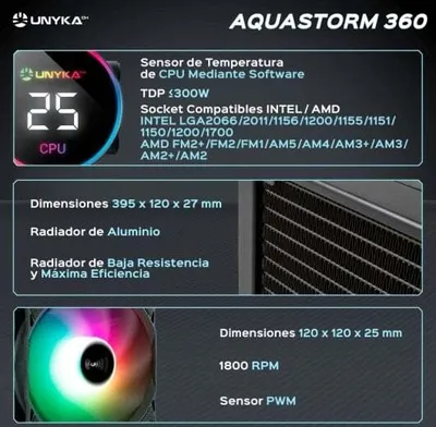 Image de UNYKAch Kit de refroidissement liquide AquaStorm 240 240mm avec affichage de la température du CPU Noir