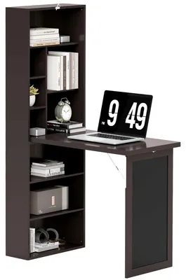 Produktbild von Moderner Klappschreibtisch mit Bš¹cherregal und Tafel, Holz und Metall, 98 x 51 x 153 cm, braun