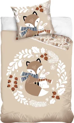 A bedding set with a cartoon illustration of a fox and a rabbit.
