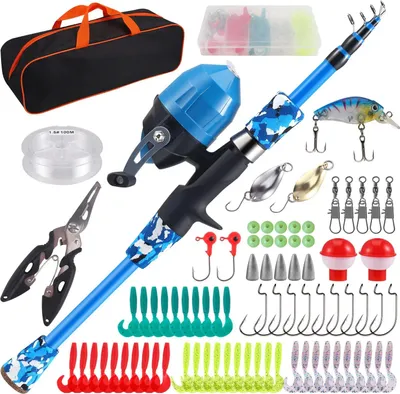 Image de Set de pêche pour enfants - Canne télescopique 1,5 m + moulinet spinning - Avec appâts, ligne, hameçon - Bleu
