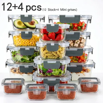 Image de Contenants alimentaires - Boîtes à lunch en silicone - Lot de 12 + 4 - Couvercles hermétiques - Étanches - Sans BPA - Adaptés au micro-ondes et au congélateur