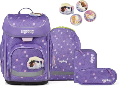 A collection of purple school bags and accessories with a polka dot pattern and horse/pony motifs.