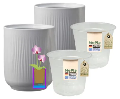 Produktbild von MePla - 2 Stück - Orchideenübertopf Falun ø 13 Zartgrau-matt + Pflanztopf Orchidee ø 12