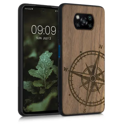 Immagine prodotto di kwmobile Custodia compatibile con Xiaomi Poco X3 NFC / Poco X3 Pro Case - Custodia in legno - Cover per cellulare - Custodia in TPU per cellulare in marrone scuro Compass Vintage