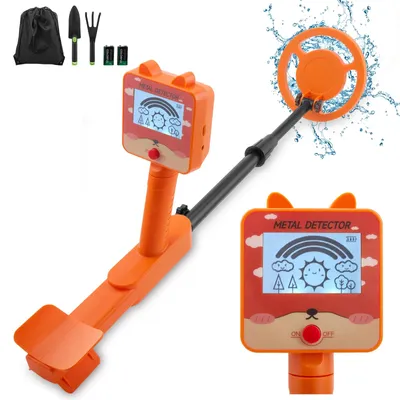 Produktbild von Metalldetektor für Kinder - GT260 - LCD-Display - IP68-wasserdichte Suchspule - Höhenverstellbar - Für 5–12 Jahre - Orange - Mit Schaufel, Rechen und Aufbewahrungstasche