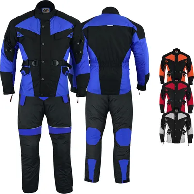Motorrad 2-teiliges Kombiset mit mehreren Protektoren. Reflektierende Paspel für bessere Sichtbarkeit. Verstellbare Manschetten, Taillengürtel & Ellbogen-Druckknöpfe. Reißverschluss & Druckknöpfe. Atmungsaktives Material mit dehnbaren Oberschenkeln.