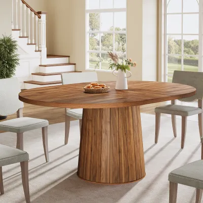 Produktbild von Tribesigns Ovaler Esstisch für 6 Personen, 140 cm Bauernhaus-Holz-Esstisch, rustikaler Küchentisch mit Holztischplatte und zylindrischem Sockel, Braun