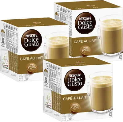 Three boxes of Nescafé Dolce Gusto Café au Lait coffee capsules are displayed.