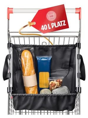Produktbild von Easy-Shopper „Alu“ Einkaufswagentasche – Einhänge Einkaufstasche mit 40L Volumen – Geräumiger Shopper mit 4-seitiger Konstruktion – Stabil dank Aluminium-Halterung – 12kg Traglast – Mit Einkaufswagen-Chip-Halter