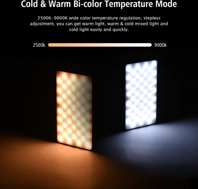 Imagen del producto de Andoer W140: Luz de video LED RGB recargable, ideal para fotografía, como luz de relleno. Ofrece un índice de reproducción cromática (CRI) de 95+ y un rango de temperatura de color de 2500K a 9000K, con regulación de intensidad y 20 efectos de iluminación. Incluye pantalla LCD y adaptador de zapata fría, perfecta para vlogs, transmisiones en vivo, videoconferencias y fotografía de productos