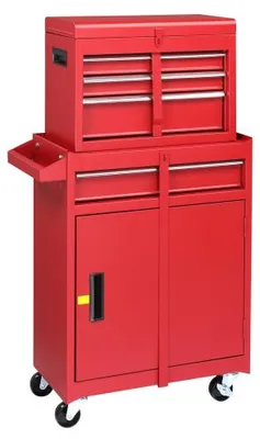 Produktbild von LEADZM Werkzeugschrank aus Metall, Kombi-Rollschrank mit tragbaren Werkzeugkästen, mobiler Werkstattwagen mit 4 Schubladen (rot)
