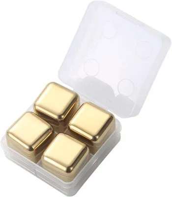 Immagine prodotto di Set di 4 cubetti di ghiaccio riutilizzabili in metallo per whisky, raffreddamento rapido, acciaio inossidabile e clip in silicone