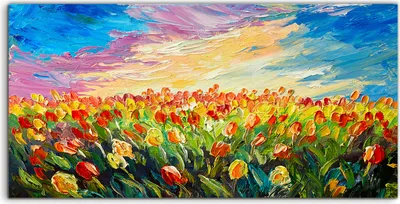 Produktbild von Coloray Acrylbild 100x50  Wandbild Acrylbilder Tulpenfelder bunter Himmel Malerei