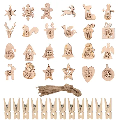 Holz-Adventskalender Zahlen 1-24, 24 Stück mit Klammern
