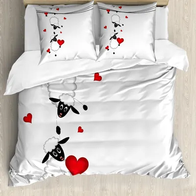 Immagine prodotto di Set copripiumino ABAKUHAUS, coppia di pecore con cuori innamorati, divertente caricatura artistica, 155 x 220 cm + 80 x 80 cm, bianco, nero e rosso