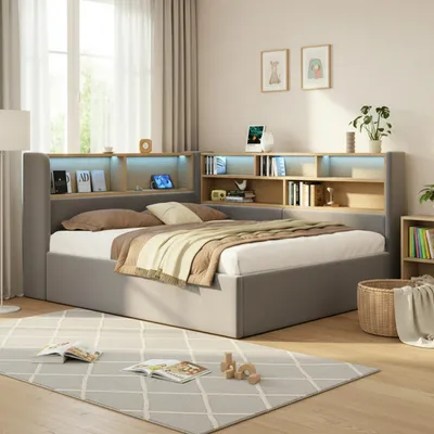 Imagen del producto de Cama tapizada Zerbaco con cajón, sistema hidráulico, 140x190 cm, cama de matrimonio, iluminación LED, puertos USB y Type-C, tapizada en terciopelo, color gris, con somier, sin colchón