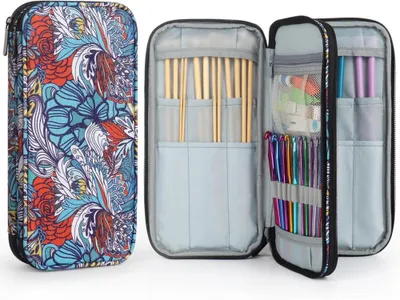 Produktbild von Stricknadeln Häkelnadeln Aufbewahrungs-Etui Blau Totem - Hochwertiger Organizer Tasche mit Reißverschluss