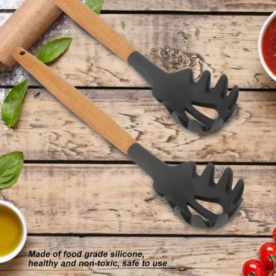 Produktbild von Küchenutensil aus Silikon, Kochwerkzeug für Zuhause und Restaurant mit Holzgriff (Spaghettilöffel)