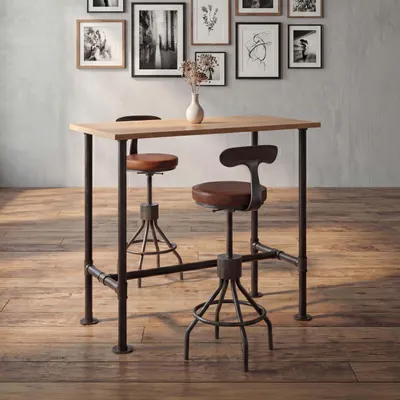 Produktbild von Set Bartisch + 2x Barhocker HWC-N21, höhenverstellbar drehbar Fußablage, Industrial Metall Kunstleder  natur, braun