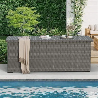 Imagen del producto de Caja de almacenamiento para jardín de 870 litros, resistente al agua, ideal para cojines y otros objetos de exterior, fabricada en polirratán. Incluye un contenedor metálico con amortiguadores a gas. Caja de jardín resistente a la intemperie, perfecta para jardín, balcón, color gris