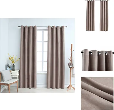 A collage of images showing taupe blackout curtains, including a full room view, a close-up of the top with grommets, and a fabric detail shot.