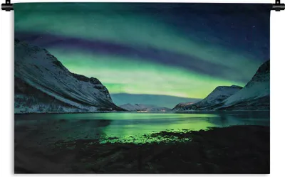 Produktbild von MuchoWow® Wandteppich Wandbehang Nordlicht - Norwegen - Eis - Gelb - Berg - Wasser - Schnee 60x40 cm Tapisserie Dekoration Wandtuch - Wanddekorationen