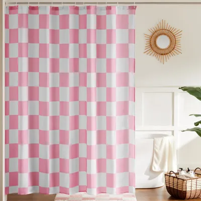 Produktbild von Karierter Duschvorhang fürs Badezimmer, schönes Retro-Karomuster, Duschvorhang im Vintage-Stil, maschinenwaschbar, Stoffduschvorhang, rosa, 183 x 183 cm