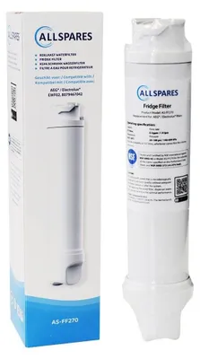 A product shot of a refrigerator water filter and its packaging, presented side-by-side against a white background.