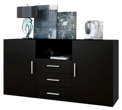 Produktbild von Sideboard Skadu, Kommode mit 2 Türen, 3 Schubladen und 1 offenem Fach, Schwarz matt/Schwarz matt (138,5 x 71,5 x 35 cm)
