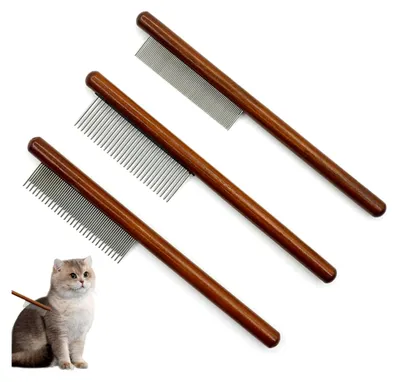 Produktbild von Holzkamm für Katzen, 3 Stück Katzenbürste für Langhaar und Kurzhaar, Edelstahl Hundekamm, Flohkamm für Katzen, entfernt effektiv Verwicklungen