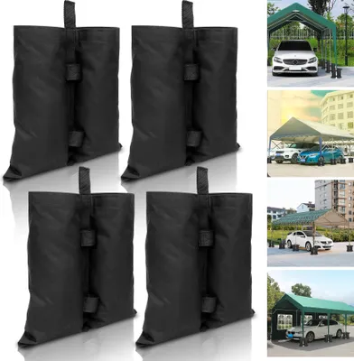 A collage of images showing black sandbags for tents and various tent structures with cars.